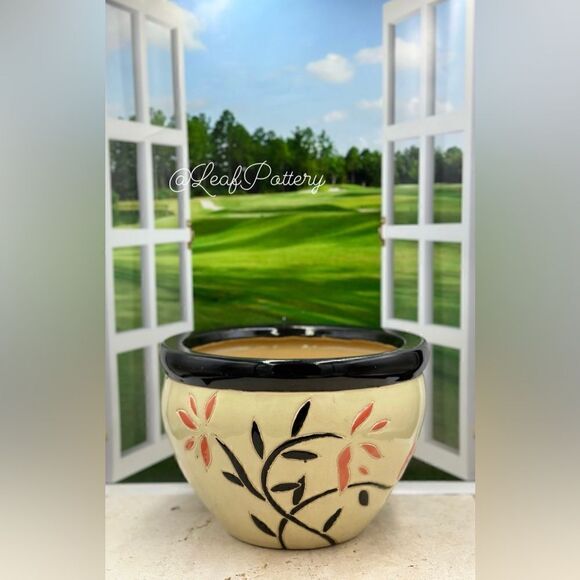 Floral Nerine Beige/Black Ceramic Planter Pot - Picture 2 of 11